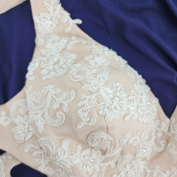 Nina Canacci Formal Evening Dress 10 Embellished Beaded Cut Out Navy‎ Blue Cream - Picture 14 of 15